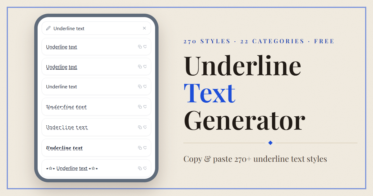 Underline Text generator preview showing underline text styles